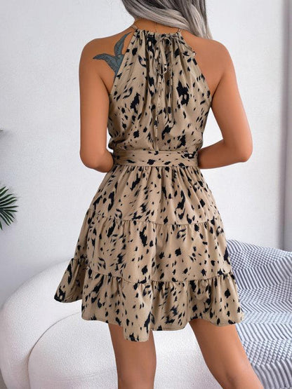 LGC Women's Woven Casual Halter Neck Leopard Print A Swing Dress - Le Grand Chevalier Le Grand Chevalier kakaclo Dresses