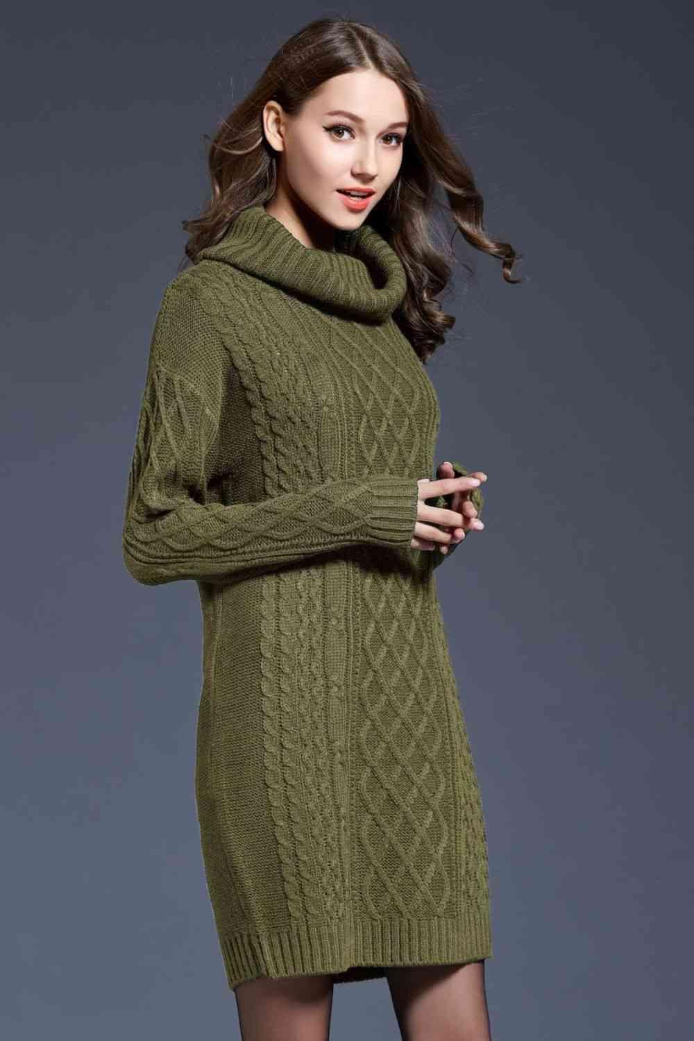 LGC Woven Right Full Size Mixed Knit Cowl Neck Dropped Shoulder Sweater Dress - Le Grand Chevalier Le Grand Chevalier Trendsi Dresses