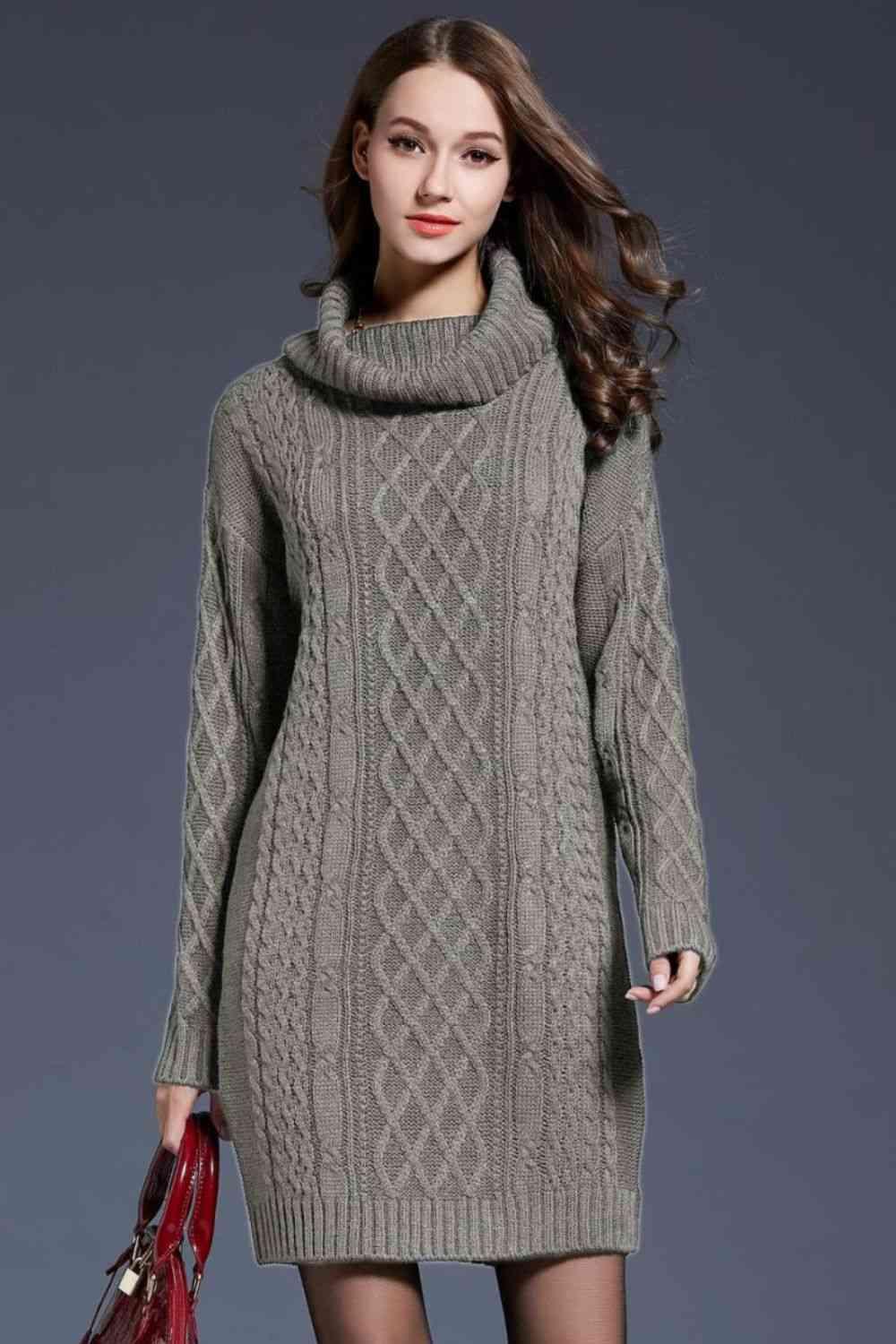 LGC Woven Right Full Size Mixed Knit Cowl Neck Dropped Shoulder Sweater Dress - Le Grand Chevalier Le Grand Chevalier Gray / M Trendsi Dresses