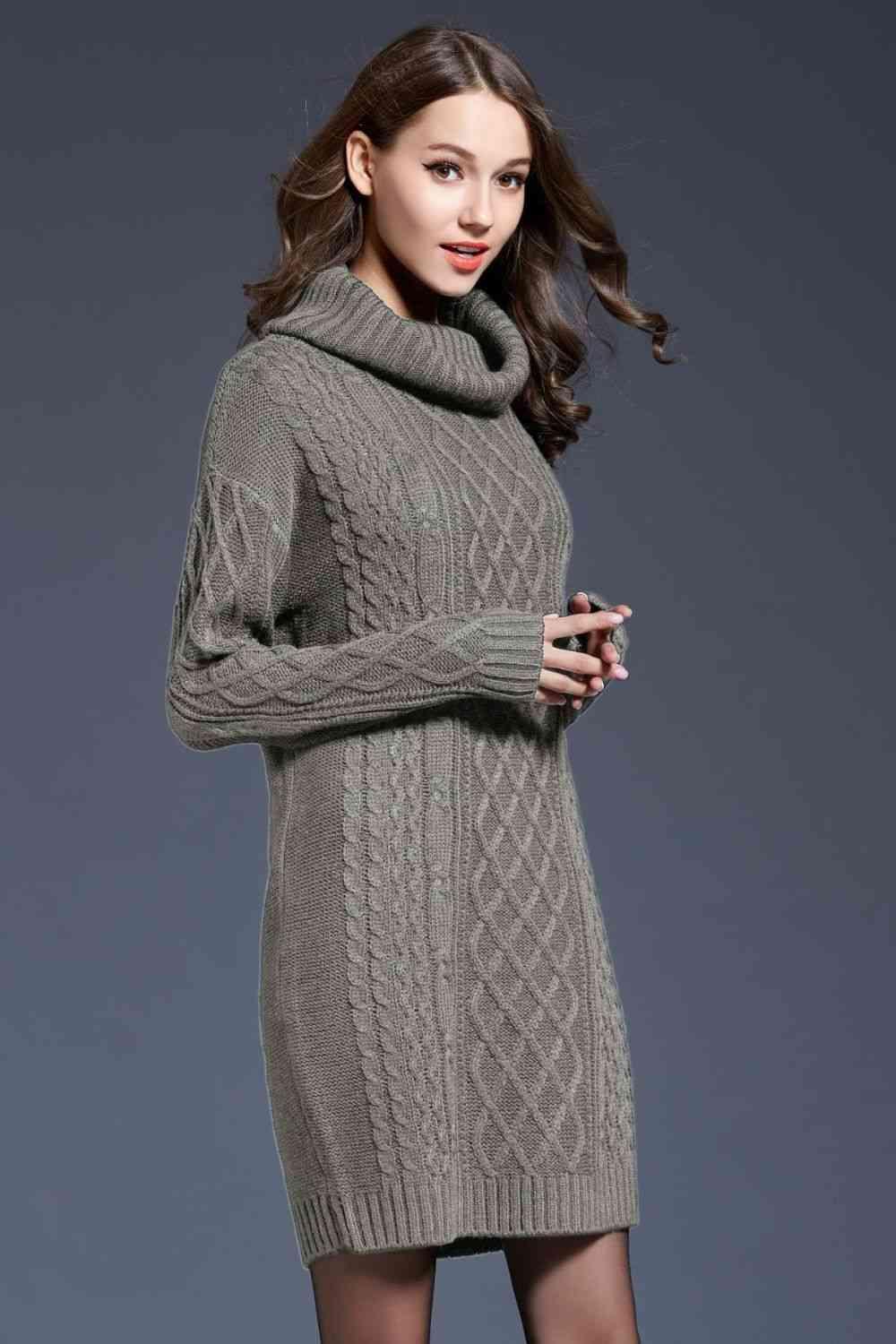 LGC Woven Right Full Size Mixed Knit Cowl Neck Dropped Shoulder Sweater Dress - Le Grand Chevalier Le Grand Chevalier Trendsi Dresses