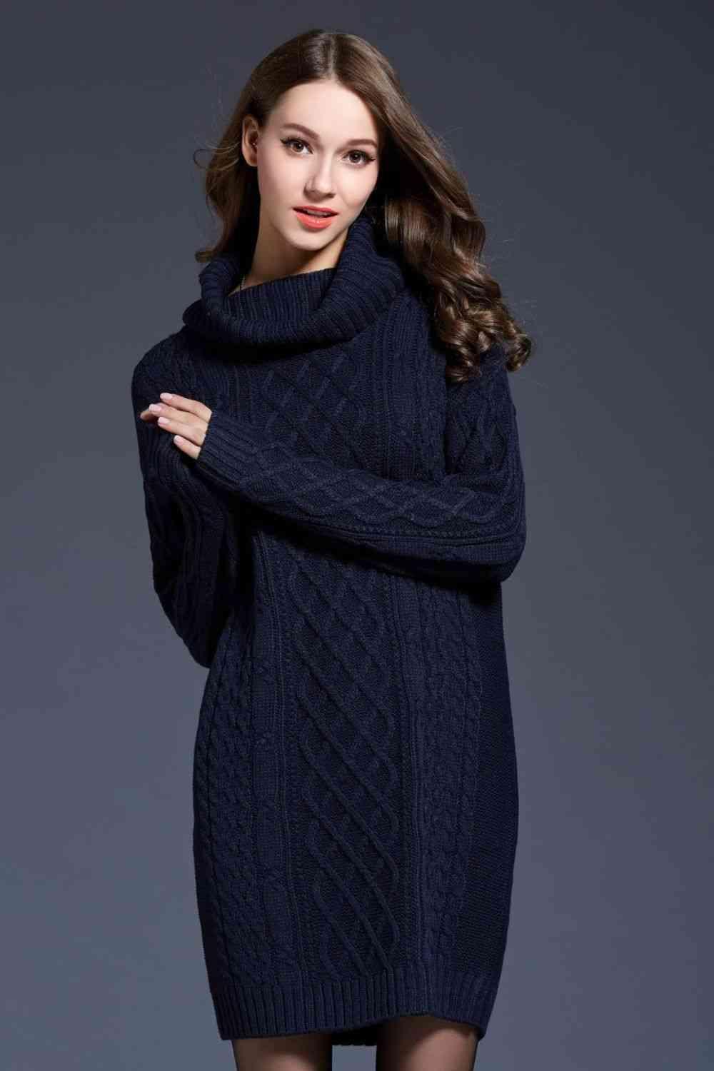 LGC Woven Right Full Size Mixed Knit Cowl Neck Dropped Shoulder Sweater Dress - Le Grand Chevalier Le Grand Chevalier Navy / M Trendsi Dresses