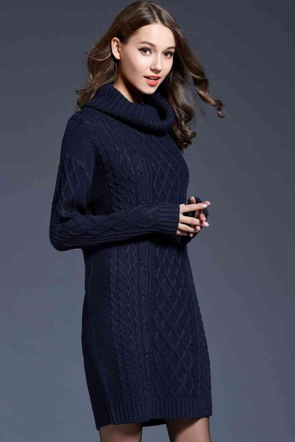 LGC Woven Right Full Size Mixed Knit Cowl Neck Dropped Shoulder Sweater Dress - Le Grand Chevalier Le Grand Chevalier Trendsi Dresses