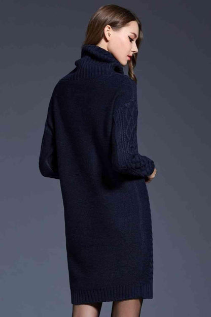 LGC Woven Right Full Size Mixed Knit Cowl Neck Dropped Shoulder Sweater Dress - Le Grand Chevalier Le Grand Chevalier Trendsi Dresses