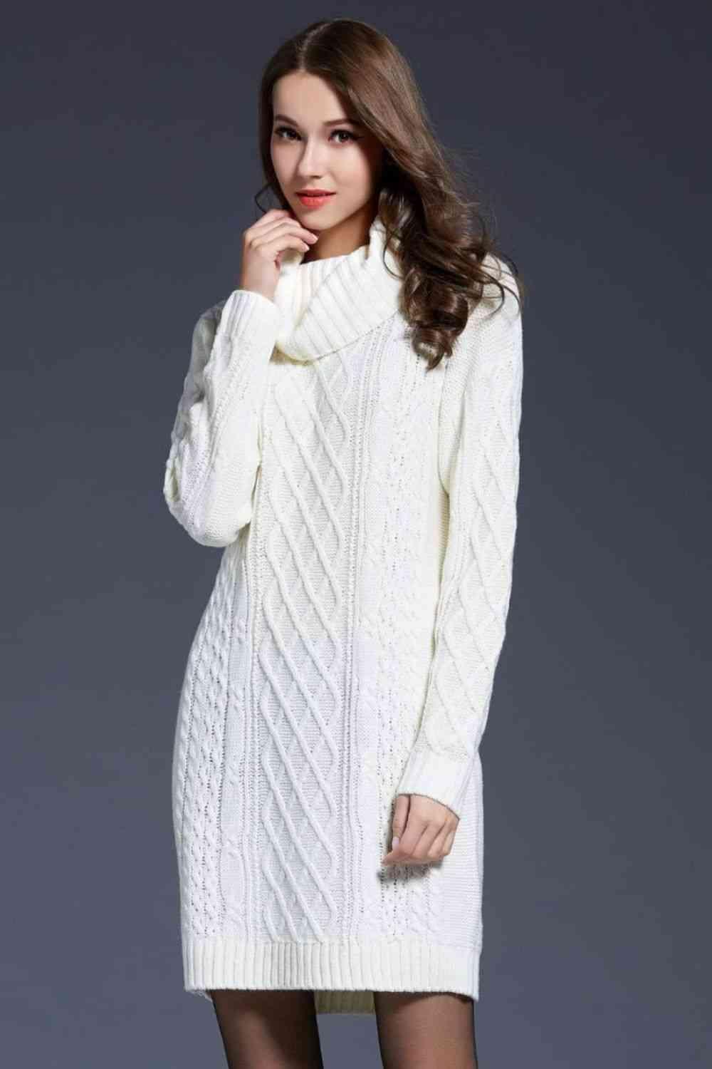 LGC Woven Right Full Size Mixed Knit Cowl Neck Dropped Shoulder Sweater Dress - Le Grand Chevalier Le Grand Chevalier White / M Trendsi Dresses