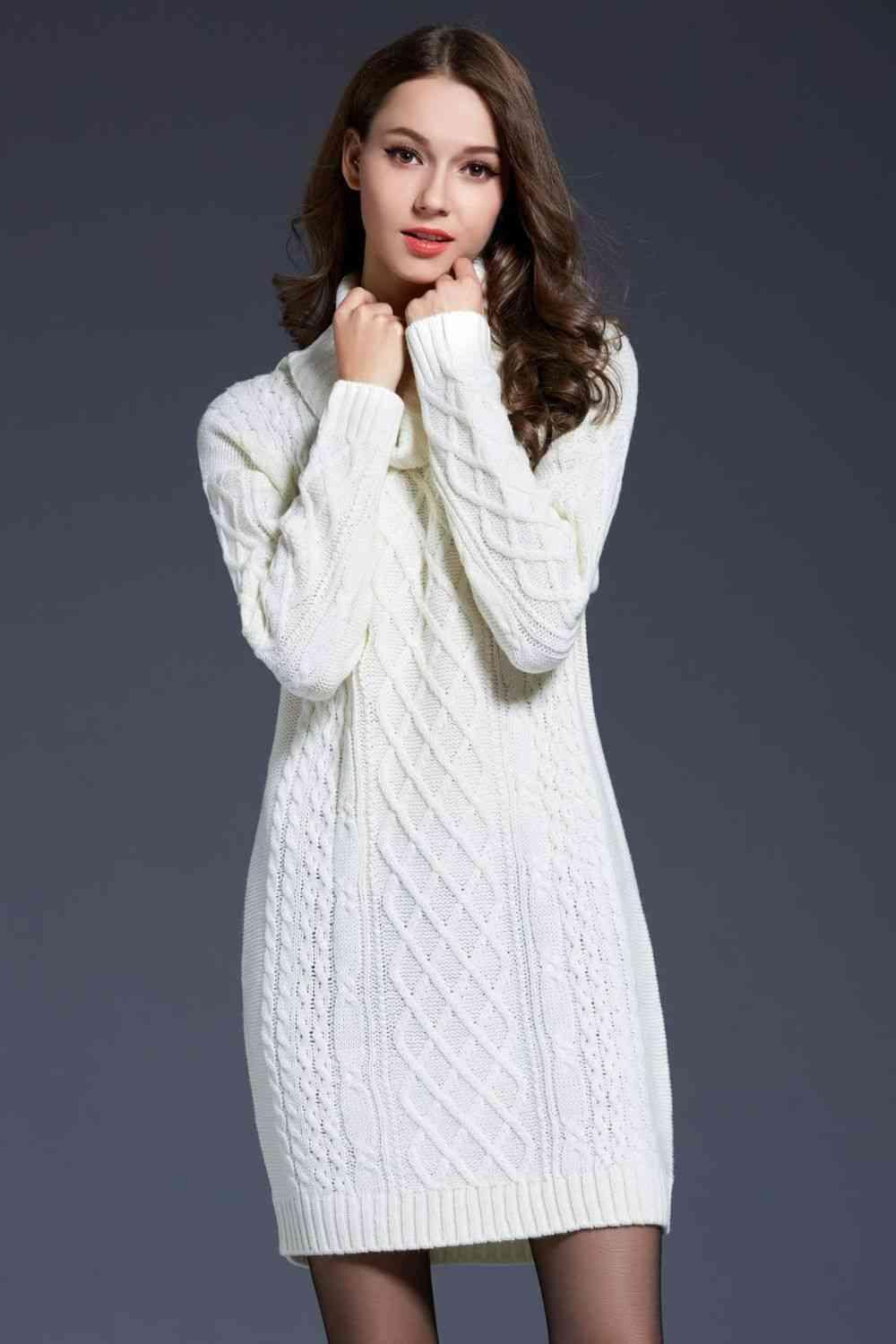 LGC Woven Right Full Size Mixed Knit Cowl Neck Dropped Shoulder Sweater Dress - Le Grand Chevalier Le Grand Chevalier Trendsi Dresses