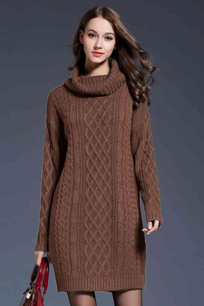 LGC Woven Right Full Size Mixed Knit Cowl Neck Dropped Shoulder Sweater Dress - Le Grand Chevalier Le Grand Chevalier Brown / M Trendsi Dresses