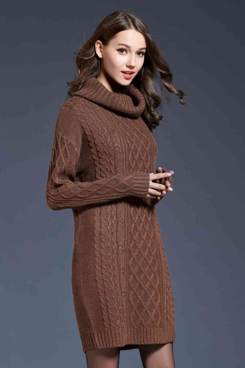 LGC Woven Right Full Size Mixed Knit Cowl Neck Dropped Shoulder Sweater Dress - Le Grand Chevalier Le Grand Chevalier Trendsi Dresses