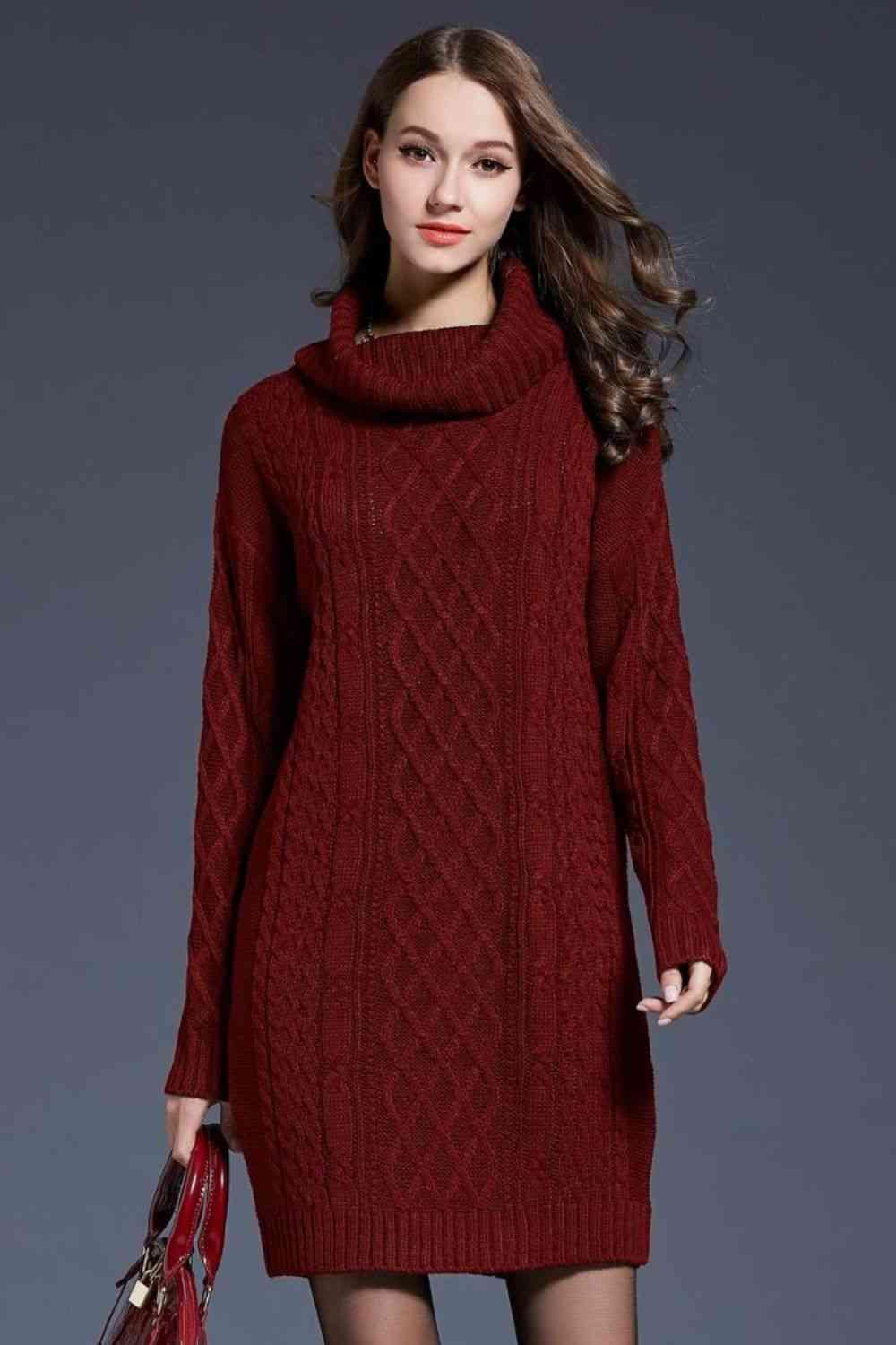 LGC Woven Right Full Size Mixed Knit Cowl Neck Dropped Shoulder Sweater Dress - Le Grand Chevalier Le Grand Chevalier Wine / M Trendsi Dresses