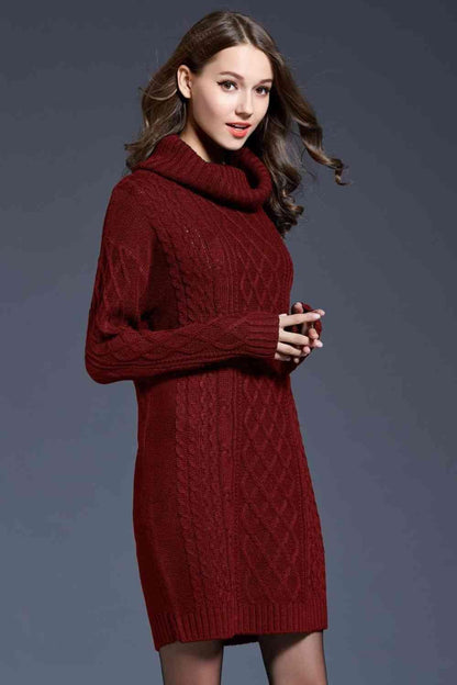 LGC Woven Right Full Size Mixed Knit Cowl Neck Dropped Shoulder Sweater Dress - Le Grand Chevalier Le Grand Chevalier Trendsi Dresses