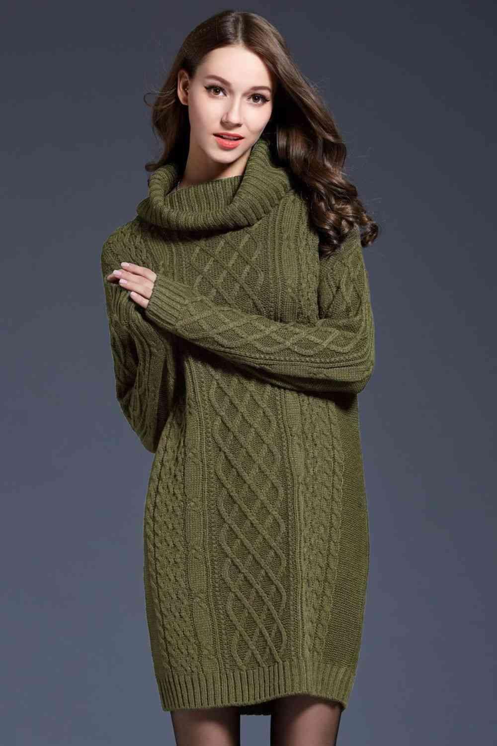 LGC Woven Right Full Size Mixed Knit Cowl Neck Dropped Shoulder Sweater Dress - Le Grand Chevalier Le Grand Chevalier Green / M Trendsi Dresses